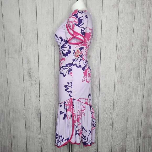 VTG 80s NWT Hilo Hattie Floral Puff Sleeve Dress w Mermaid Ruffle Hem, size 12 - Picture 5 of 10